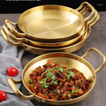 Golden stainless steel wok pan with handles, showcasing non-stick cooking surface and Asian cuisine, eco-friendly kitchen coo
