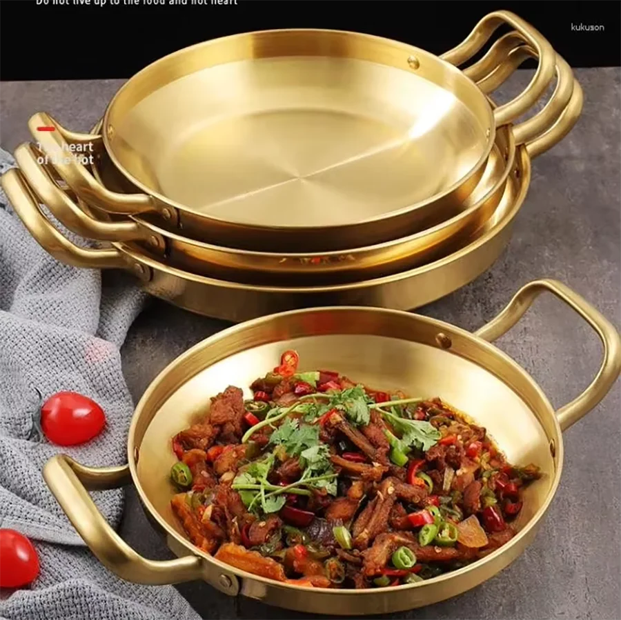 Golden stainless steel wok pan with handles, showcasing non-stick cooking surface and Asian cuisine, eco-friendly kitchen coo