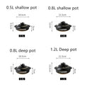 Four black earthenware clay casserole pots with lids in varying sizes: 0.5L, 0.8L shallow, 0.8L deep, and 1.2L deep, showing 