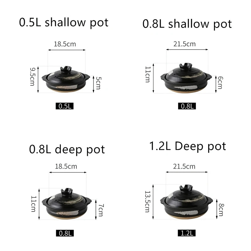 Four black earthenware clay casserole pots with lids in varying sizes: 0.5L, 0.8L shallow, 0.8L deep, and 1.2L deep, showing 