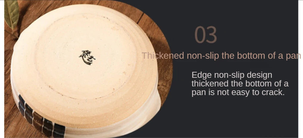 Earthenware casserole pot with thickened non-slip bottom base and edge design, cream colored clay vessel.