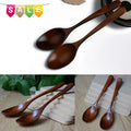 Hand-crafted wooden cooking spoons in dark brown finish, displayed from multiple angles showing smooth handles and rounded bo