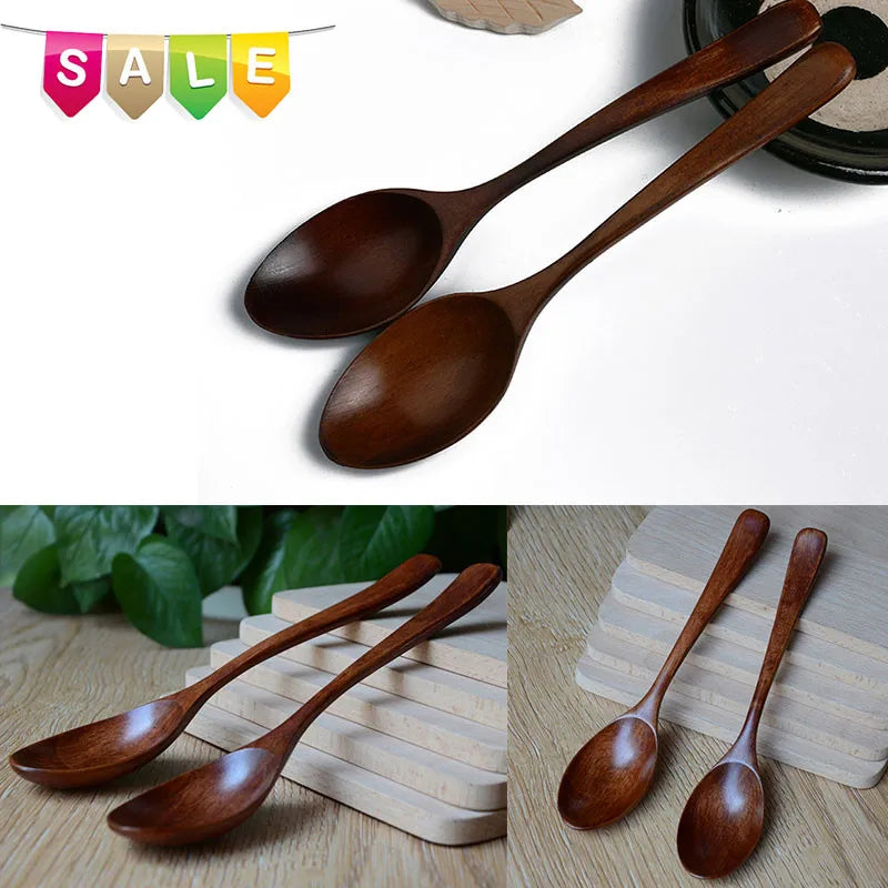 Hand-crafted wooden cooking spoons in dark brown finish, displayed from multiple angles showing smooth handles and rounded bo