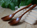 Two hand-crafted wooden spoons with dark brown finish on light bamboo board, fresh green leaves background, eco-friendly kitc