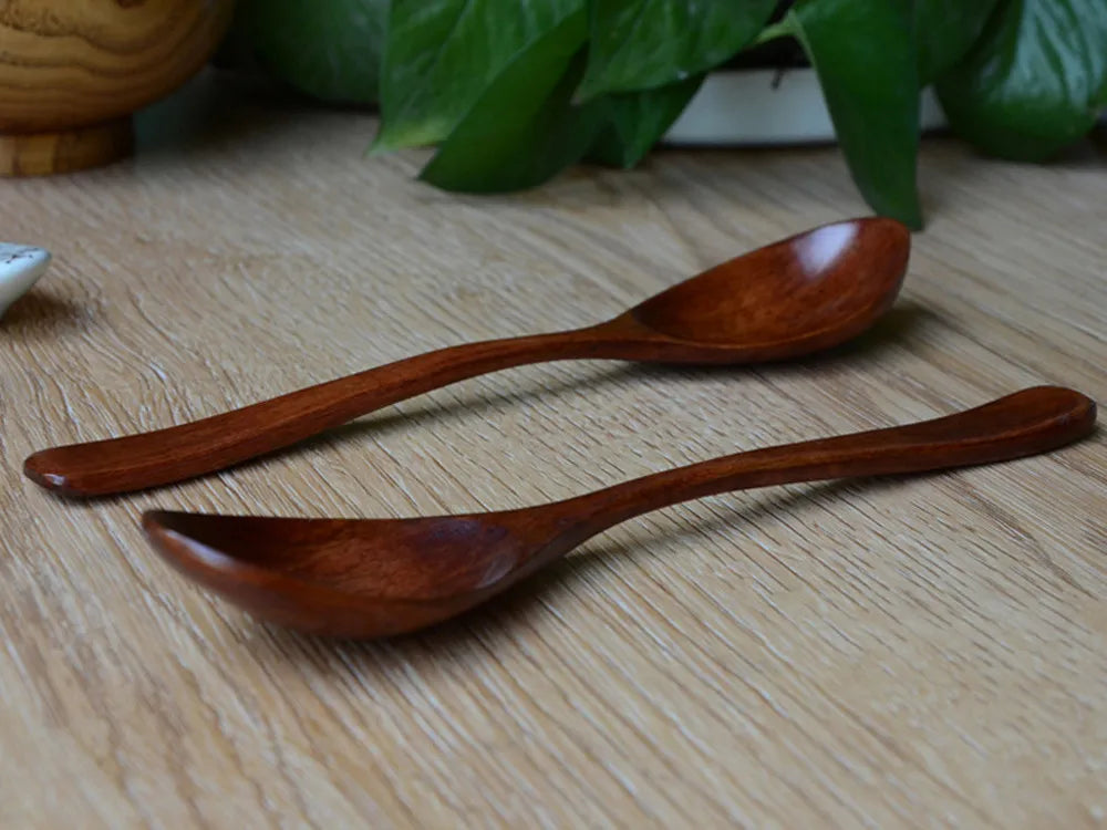 Two hand-crafted wooden cooking spoons with polished bowls on light wood surface, surrounded by green plants.