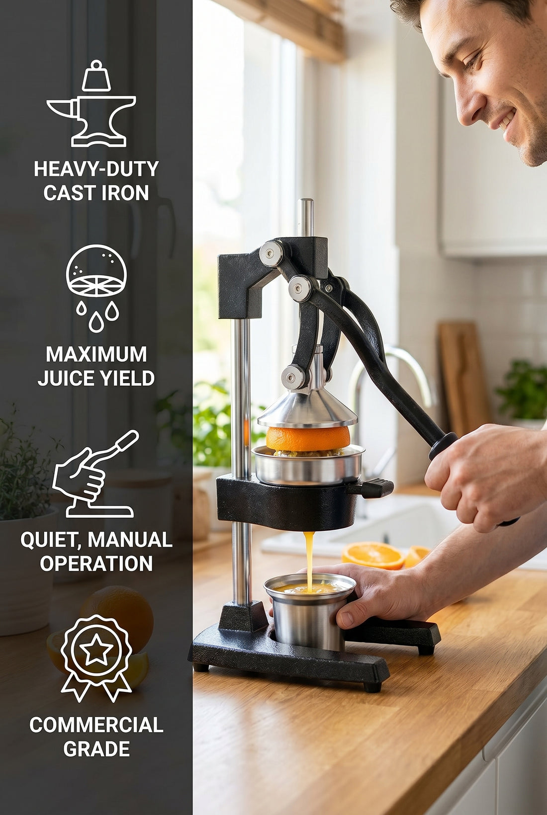 Manual cast iron juicer with stainless steel cup on black base, shown extracting juice from citrus fruits including oranges, 