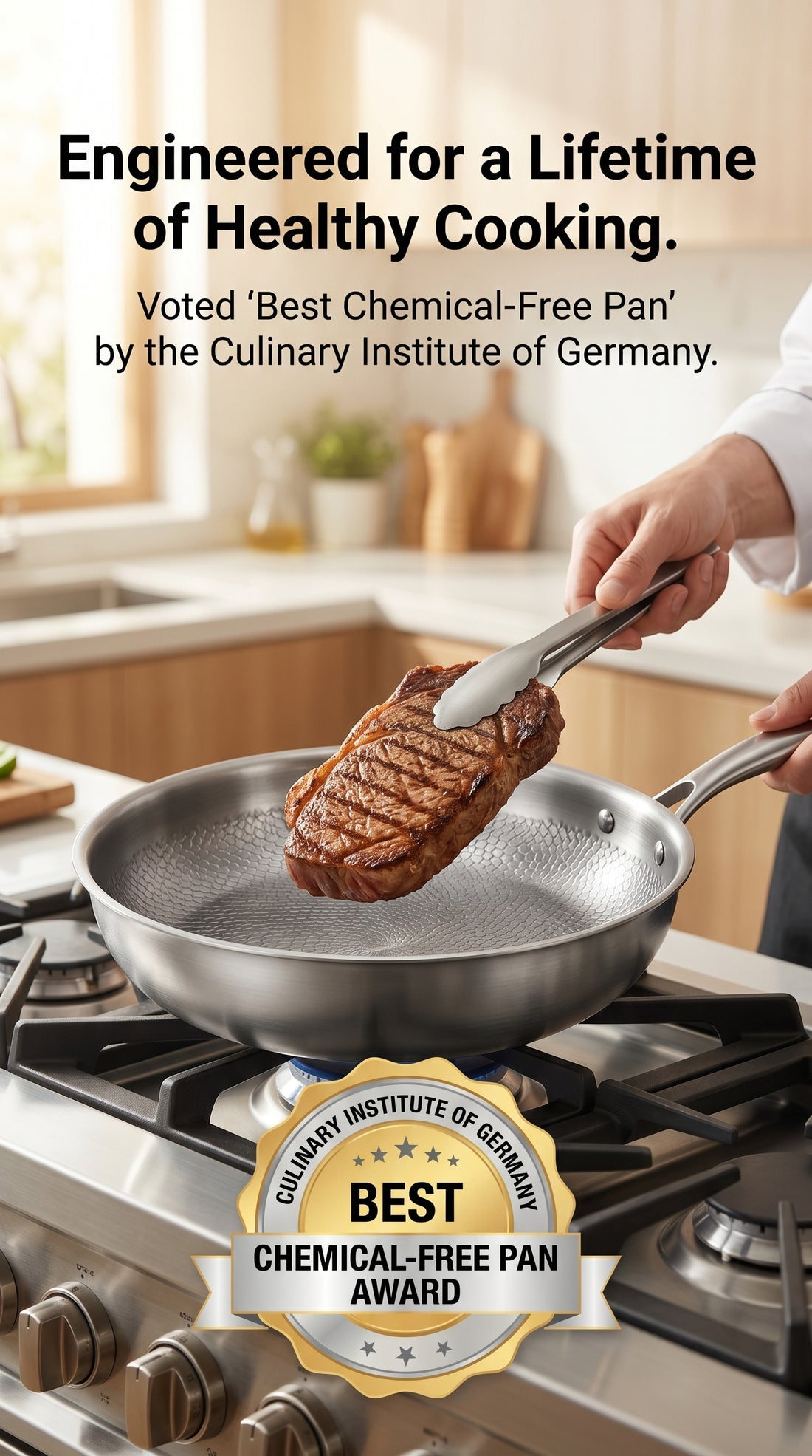 Pure titanium heritage fry pan with honeycomb texture surface and protective Ti shield badge, stainless steel handle against 