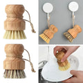 Wooden dish brushes with natural coconut fiber bristles, shown in various angles and in-use demonstrations for eco-friendly k