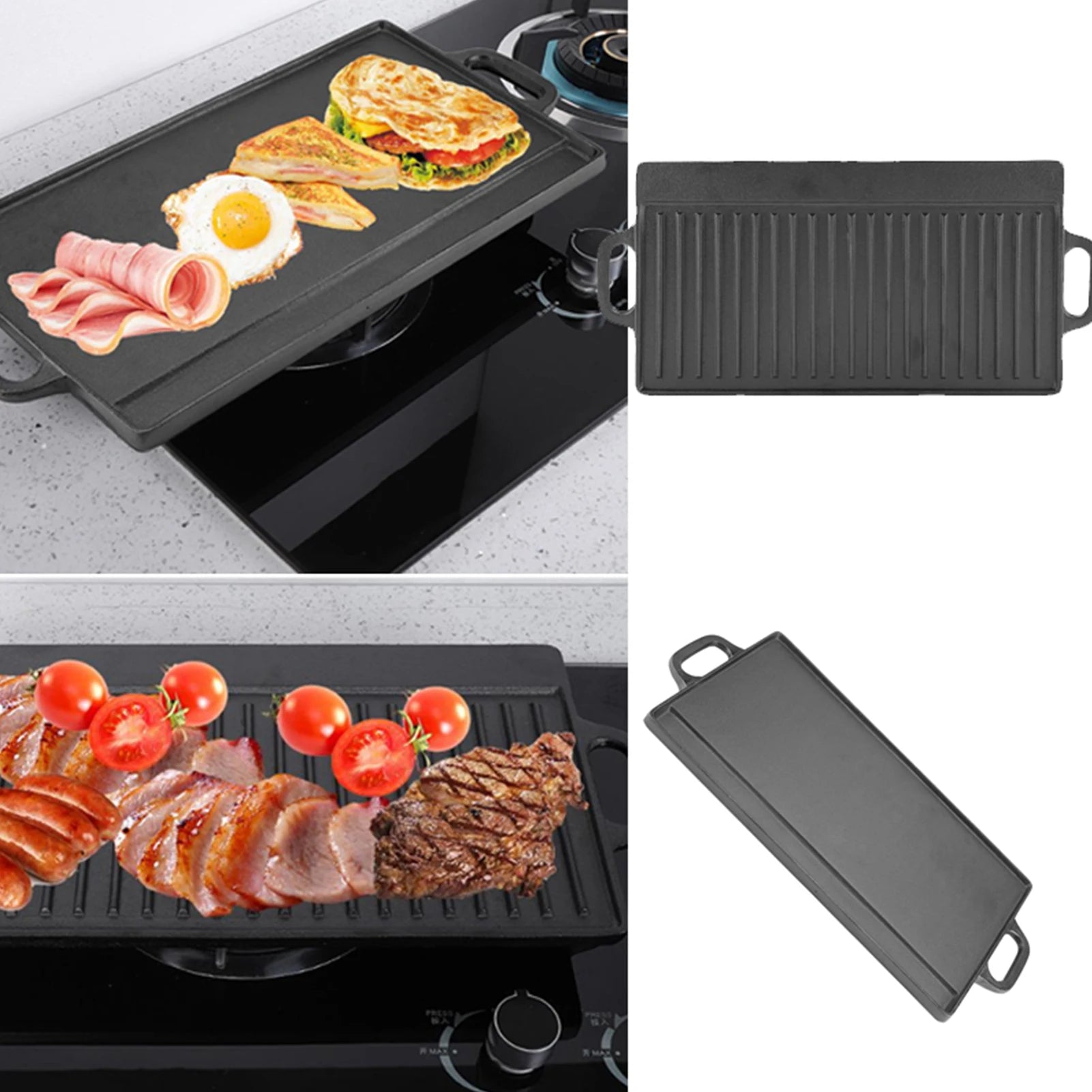 Cast iron dual-sided griddle with flat and ridged surfaces, cooking bacon, eggs, vegetables, and meat on stovetop.