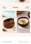 Coconut shell dessert bowls set of 3, artisan handcrafted natural wood serving bowls with creamy dessert display on white tex