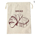 Beige linen bread bag with burgundy bread illustration and drawstring closure, featuring organic cotton loaf storage design f