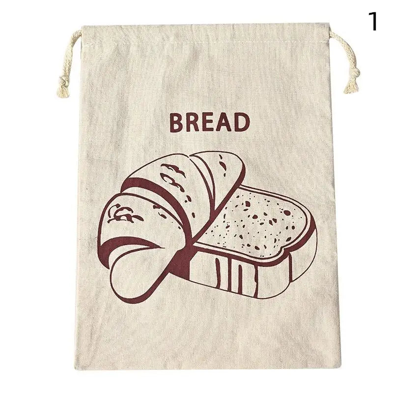 Beige linen bread bag with burgundy bread illustration and drawstring closure, featuring organic cotton loaf storage design f