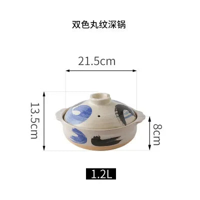 Dual-color earthenware clay casserole pot with lid, 1.2L capacity, 21.5cm width, ideal for slow-cooking soups and stews.