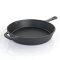 Black cast iron skillet with long handle and dual side handles, displaying non-stick pre-seasoned surface for eco-friendly co
