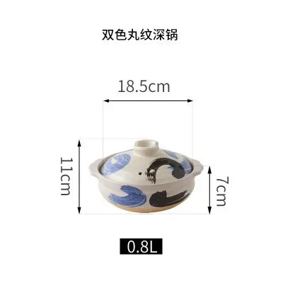 Dual-color glazed earthenware clay casserole pot, 0.8L capacity, 18.5cm width, ideal for slow-cooking soups and stews.