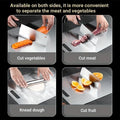 Reversible stainless steel cutting board with slip-resistant base, shown cutting vegetables, meat, dough, and fruit on both s