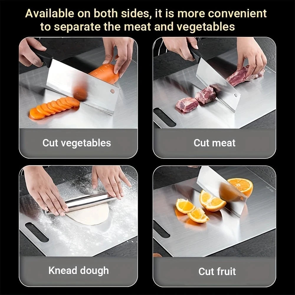 Reversible stainless steel cutting board with slip-resistant base, shown cutting vegetables, meat, dough, and fruit on both s