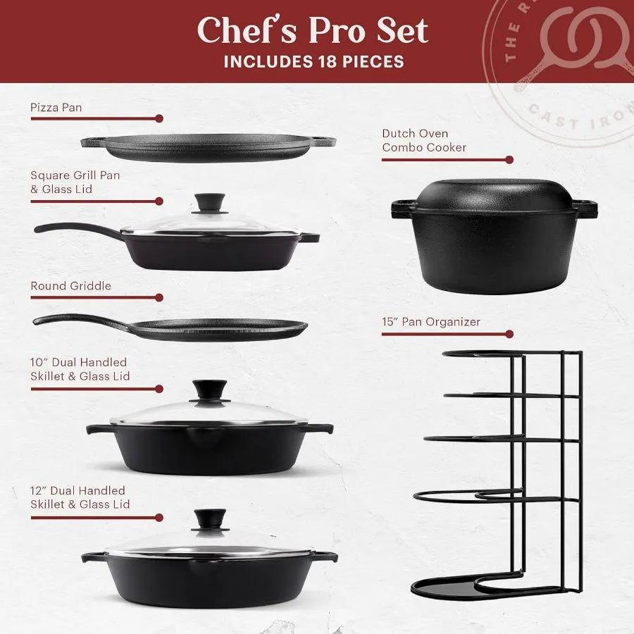 18-Piece Pre-Seasoned Cast Iron Cookware Set – 10” & 12” Skillets with Lids, 5-Qt Dutch Oven, 10.5” Square Grill Pan with Lid, Pizza Pan