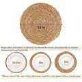 Handwoven round rattan placemat in natural tan, 12 inches diameter, with size comparison to plates below.