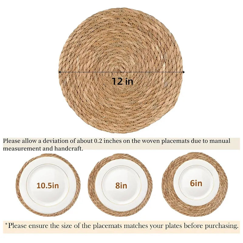 Handwoven round rattan placemat in natural tan, 12 inches diameter, with size comparison to plates below.