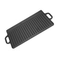 Cast iron dual-sided griddle with ribbed grill surface and dual handles, ideal for indoor and outdoor cooking.