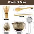 Japanese Matcha Bamboo Tea Set with whisk, scoops, bowl, whisk holder, and sieve. Natural wood and ceramic eco-friendly tradi