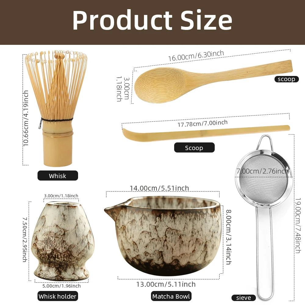 Japanese Matcha Bamboo Tea Set with whisk, scoops, bowl, whisk holder, and sieve. Natural wood and ceramic eco-friendly tradi