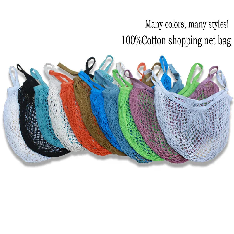 Colorful 100% cotton mesh shopping bags in multiple colors including black, turquoise, white, orange, blue, green, and purple
