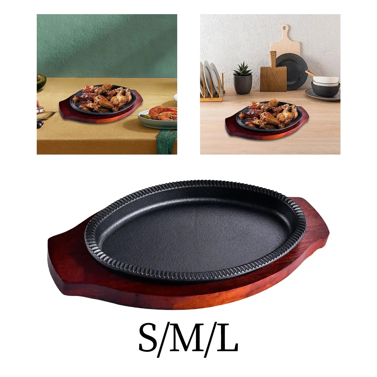 Cast iron fajita griddle pan with wooden serving board in small, medium, and large sizes, shown in styled kitchen settings.