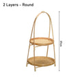 Two-tier round bamboo basket with woven trays and arched handles, 37cm tall, natural wood pantry organizer.