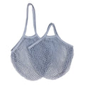 Gray cotton mesh grocery bag with two handles displayed against white background, ideal for carrying produce and groceries.