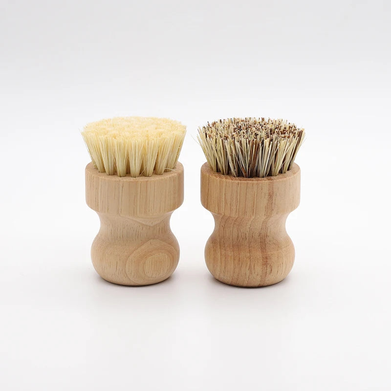 Two wooden dish brushes with natural bristles side by side, featuring replaceable heads and sustainable bamboo construction o