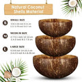 Natural coconut shell bowls in three sizes with rope handles, displaying small, medium, and large nested bowls for serving.