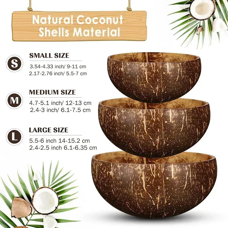 Natural coconut shell bowls in three sizes with rope handles, displaying small, medium, and large nested bowls for serving.