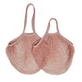 Two pink cotton mesh produce bags with long handles, displayed side by side, showing open weave construction for ventilation.