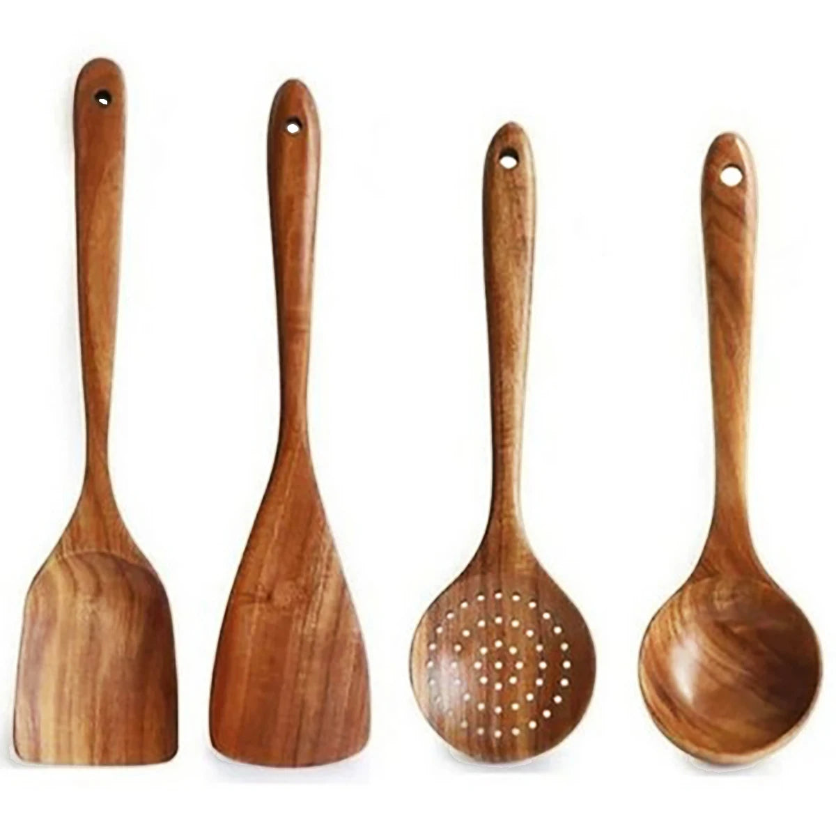 Four wooden kitchen utensils with hanging holes: flat spatula, slotted spoon, perforated ladle, and solid spoon in natural wo