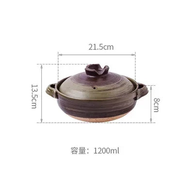 Purple earthenware clay casserole pot with lid, 1200ml capacity, 21.5cm width, traditional slow-cook design with handles.