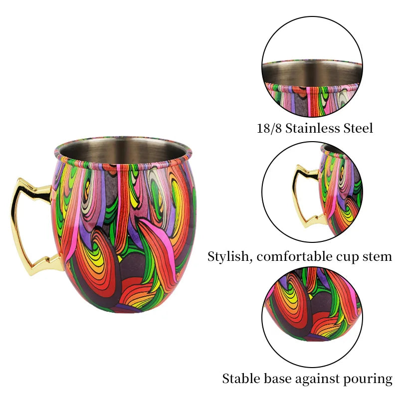 Colorful insulated stainless steel mug with gold handle, featuring vibrant swirl design and hammered finish interior.