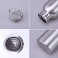 Stainless steel hydration bottle shown from multiple angles displaying cap, opening, interior, and sleek metallic finish.