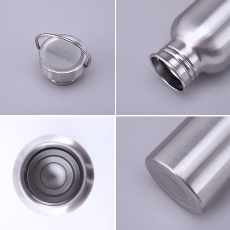 Stainless steel hydration bottle shown from multiple angles displaying cap, opening, interior, and sleek metallic finish.