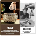 Bamboo matcha whisk stirring green tea powder in ceramic bowl, comparing smooth blending versus uneven mixing with other tool