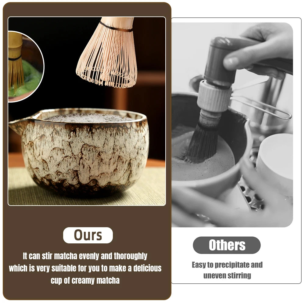 Bamboo matcha whisk stirring green tea powder in ceramic bowl, comparing smooth blending versus uneven mixing with other tool