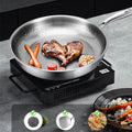 Pure titanium fry pan cooking meat and vegetables on portable induction cooktop, showcasing natural non-stick surface and eas