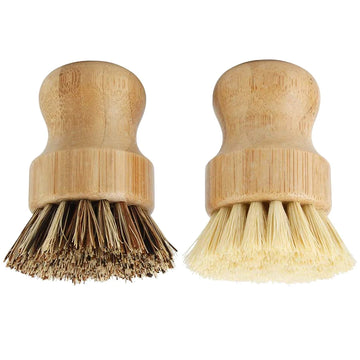 Bamboo Dish Brush Set with two replaceable heads - one with dark bristles and one with light natural bristles for eco-friendl