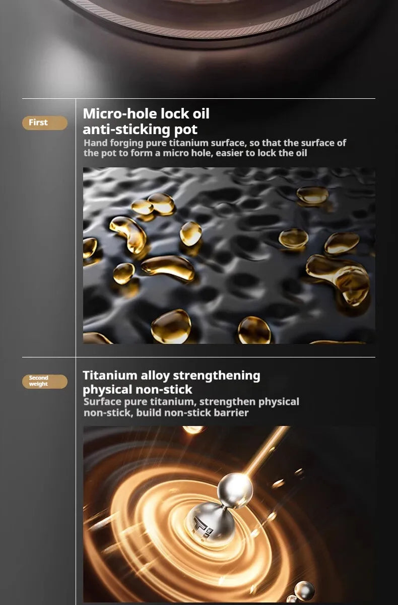 Pure titanium fry pan with micro-hole lock oil technology and natural non-stick surface, featuring hand-forged titanium const