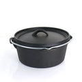 Black cast iron Dutch oven with lid, featuring metal handles and pre-seasoned non-stick surface for oven, stovetop and grill 