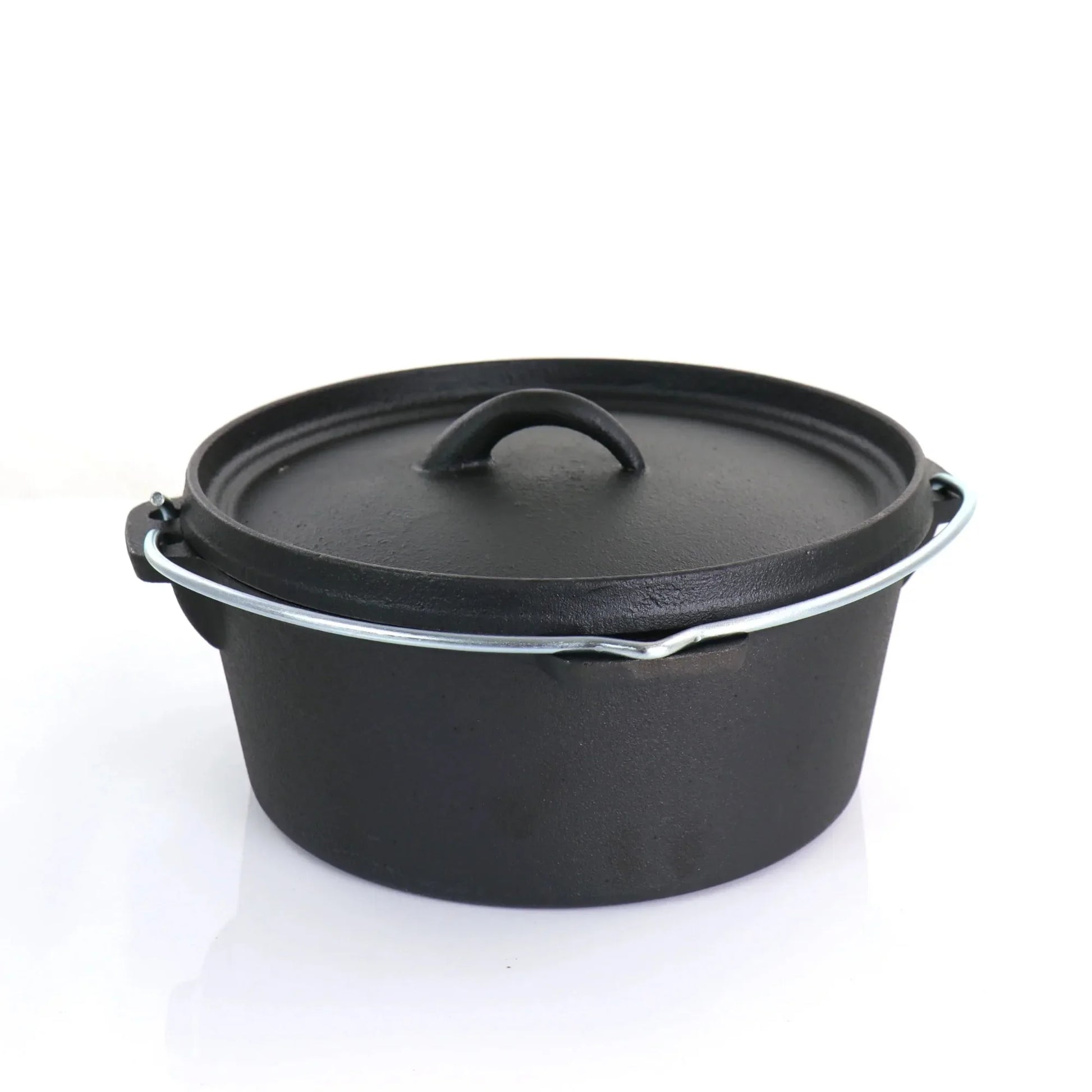 Black cast iron Dutch oven with lid, featuring metal handles and pre-seasoned non-stick surface for oven, stovetop and grill 