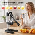 Manual cast iron juicer with stainless steel cup on countertop, showing six juice options: grapefruit, lemon, orange, pomegra