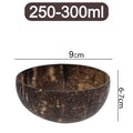 Natural coconut shell serving bowl, 9cm height, 250-300ml capacity, handcrafted with textured exterior finish.