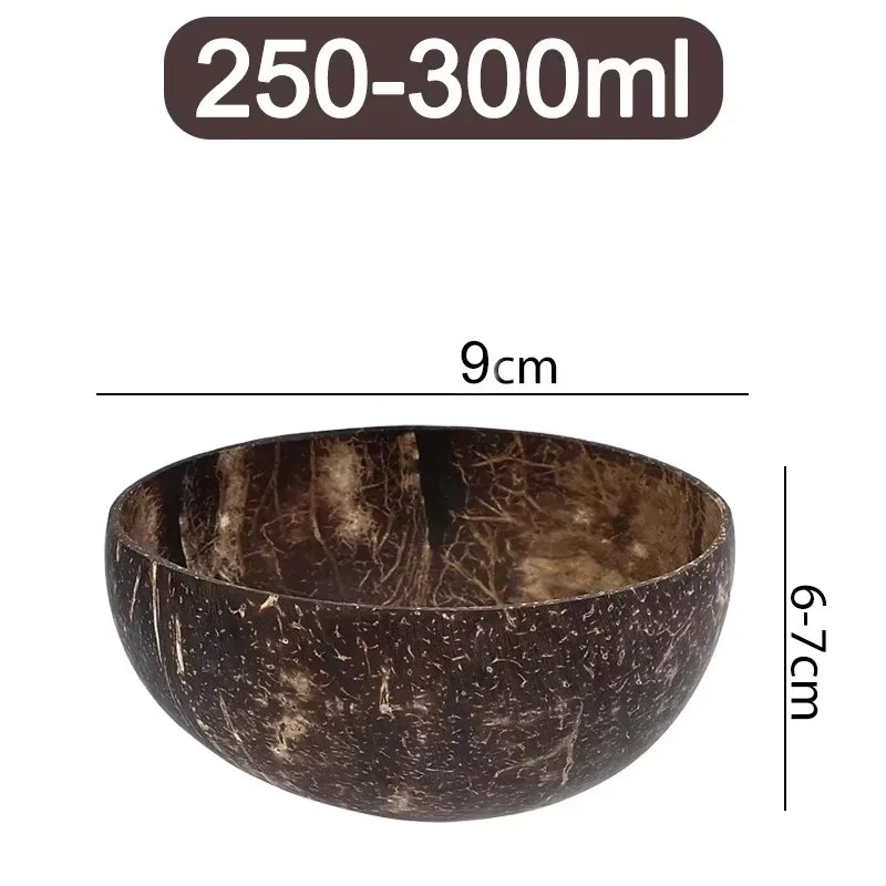 Natural coconut shell serving bowl, 9cm height, 250-300ml capacity, handcrafted with textured exterior finish.